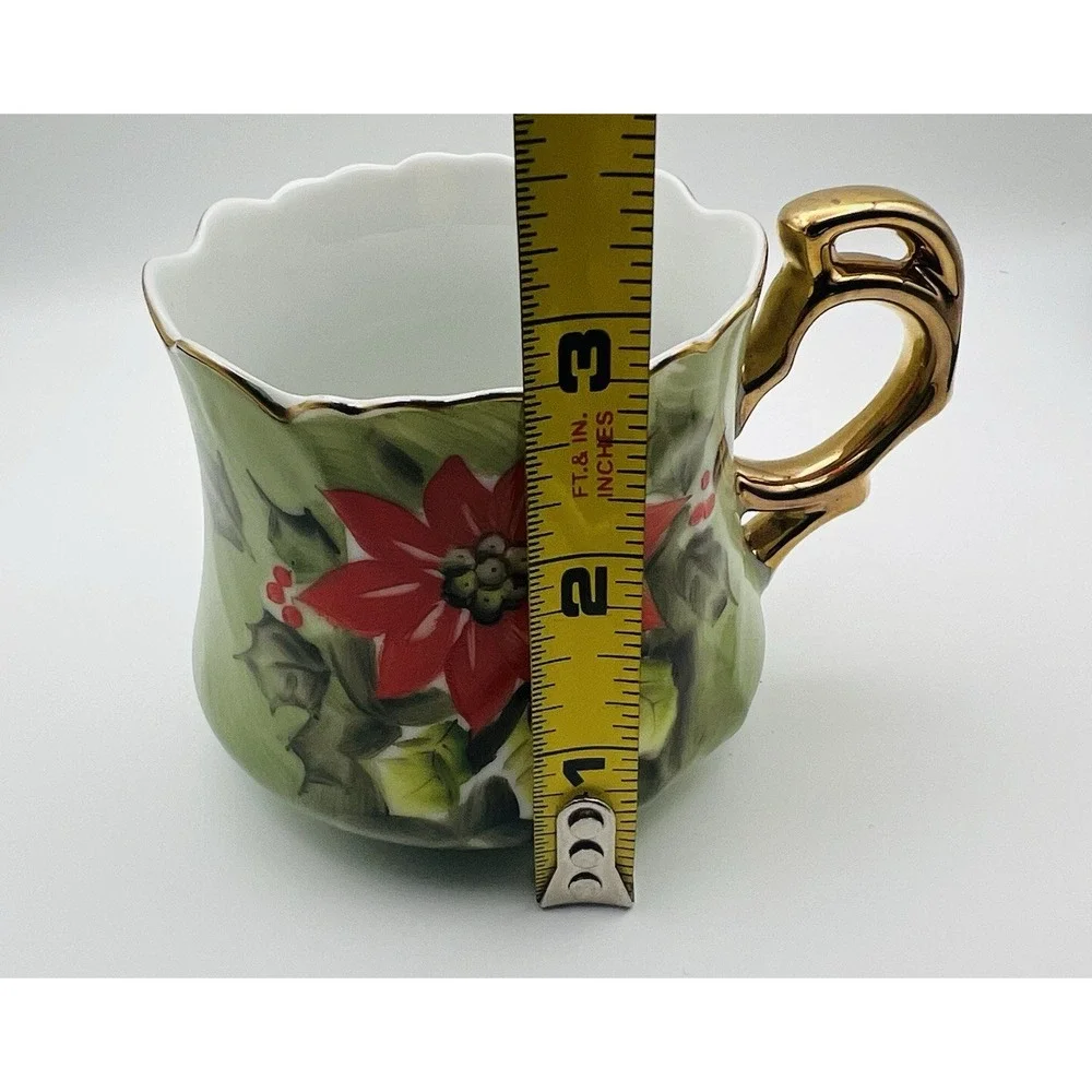 Lefton China Poinsettia Teacup Saucer Hand Painted Holiday Christmas Green Gold